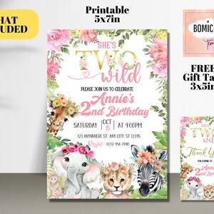 May include: Printable invitation for a girl's 2nd birthday party with a jungle theme. The invitation features a pink and gold color scheme with a floral design and a giraffe, elephant, lion, and zebra. The text on the invitation reads "She's Two Wild" and "Annie's 2nd Birthday".