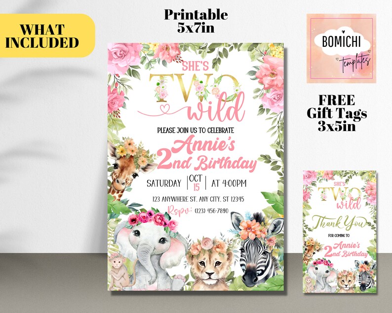 May include: Printable invitation for a girl's 2nd birthday party with a jungle theme. The invitation features a pink and gold color scheme with a floral design and a giraffe, elephant, lion, and zebra. The text on the invitation reads "She's Two Wild" and "Annie's 2nd Birthday".