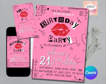 MeanGirls Inspired Birthday Party Invitation, Girl&#39;s Night invitation, Girl Birthday party, Girl pink party Mean Girls, FREE Thank you Tag