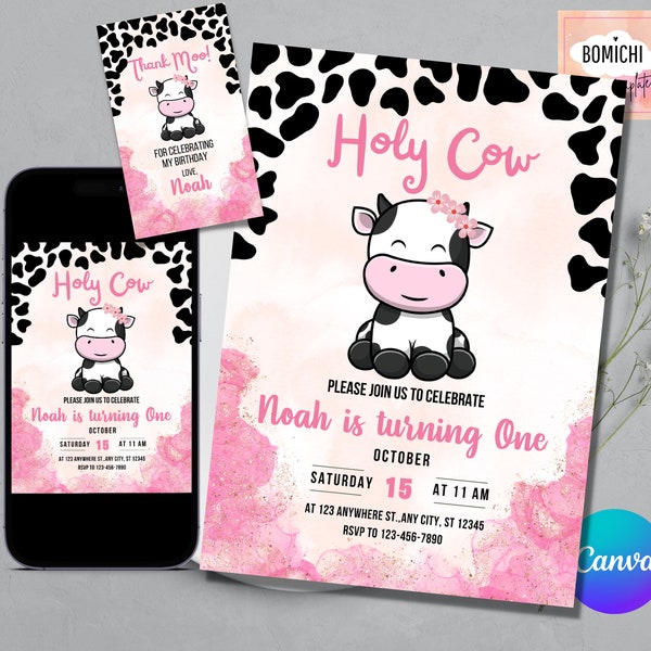 Holy Cow Birthday Invitation Template, Holy Cow Invitation, Editable Holy Cow invitation, Cowgirl Invitation, FREE Cow Thank You Tag