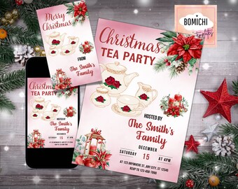 May include: A Christmas Tea Party invitation suite with a watercolor design. The invitation features a teapot, teacup, and floral illustrations. The text reads "Christmas Tea Party" and "Hosted by The Smith's Family". A matching gift tag and phone display are also shown.