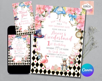 May include: A pink and blue Alice in Wonderland themed first birthday party invitation with a white background. The invitation features a floral border, a teacup, a pocket watch, a flamingo, a playing card, and a rabbit. The text on the invitation reads "Don't be late for a very important date. Please join us in Annie's Onederland to celebrate her 1st birthday. Saturday, October 15th at 4:00 PM. The Smith Home, 123 Anywhere St, Any City, ST 12345. RSVP 41230 456-7890."