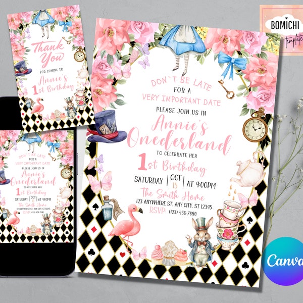 Alice in Wonderland Invitation Template, Alice in Onederland 1st Birthday Invite, Whimsical Mad Tea Party Invite, EDITABLE Onederland Girl