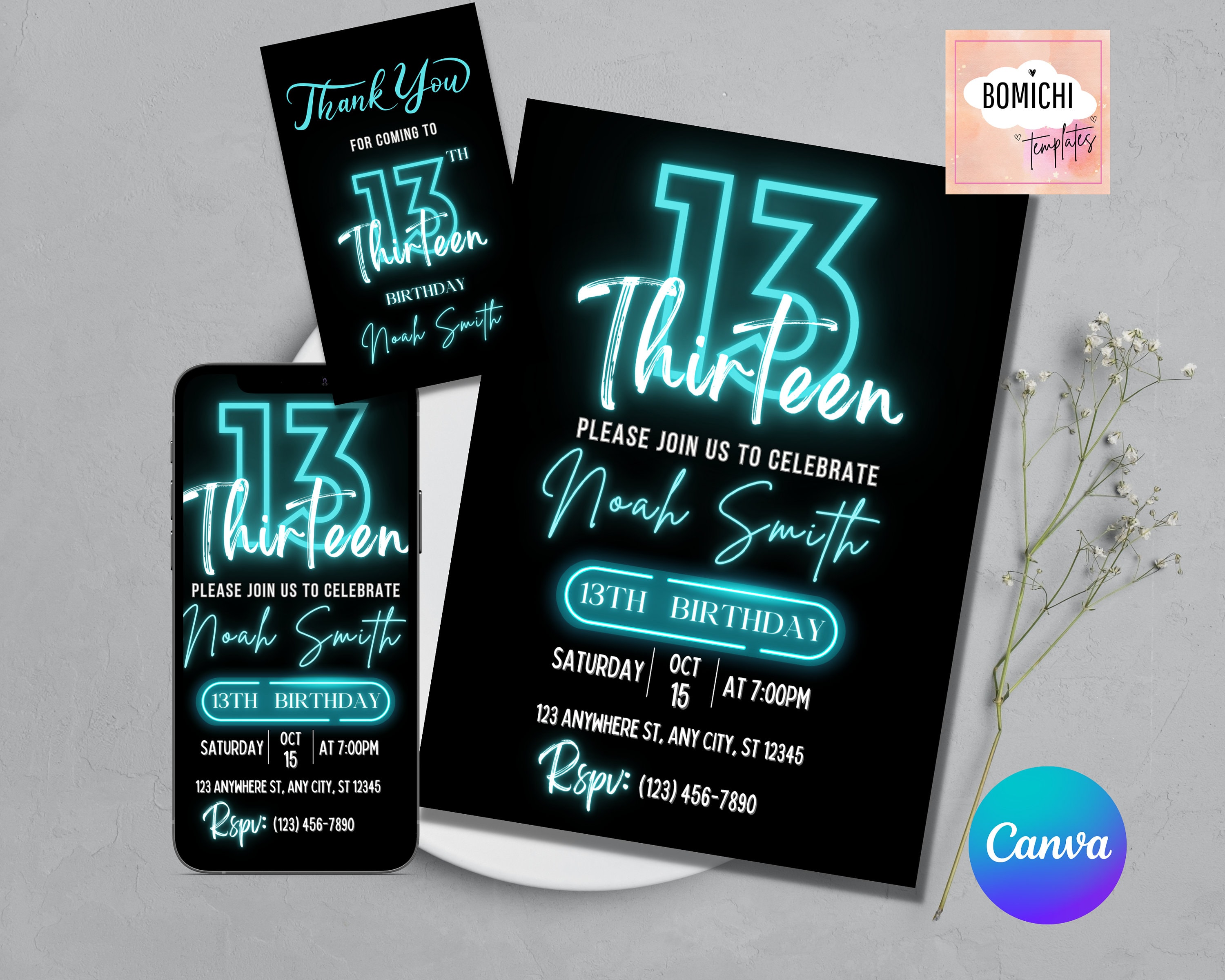 EDITABLE Neon Birthday Invitation Blue Birthday Invitation - Etsy