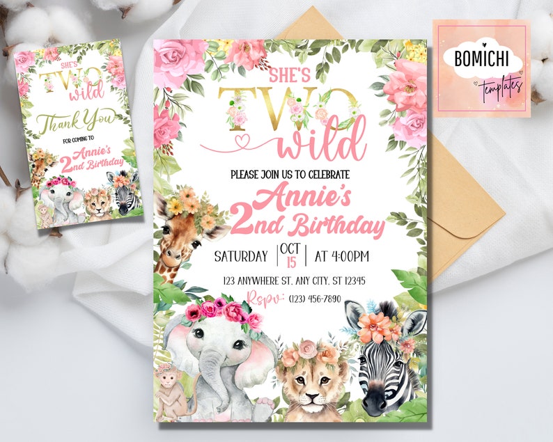 May include: Pink and gold birthday invitation with a jungle animal theme. The invitation says "She's Two Wild" and "Annie's 2nd Birthday".