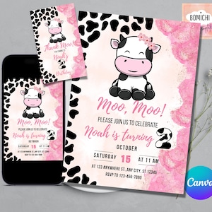Heilige koe uitnodiging, bewerkbare heilige koe verjaardagsuitnodiging, Cowgirl uitnodiging, Moo Moo verjaardagsuitnodiging GRATIS koe dank u tag