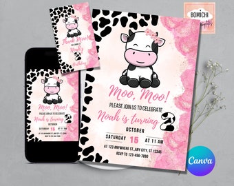 Faire-part d'anniversaire modifiable vache sacrée, étiquette de remerciement moo moo