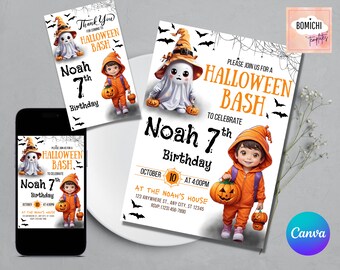 May include: Halloween-themed birthday party invitations and thank you cards. The design features a cartoon ghost and a child in an orange outfit, holding pumpkins. The text reads "Halloween Bash" and "Noah 7th Birthday". Includes a smartphone mockup.