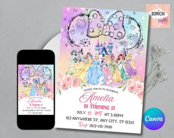 Princess Birthday Invitation, Pink and Gold, EDITABLE (Digital)