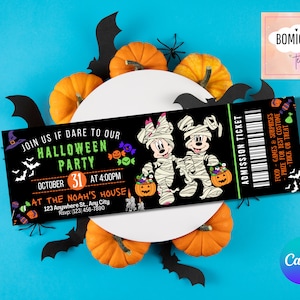 May include: A black and white Halloween party admission ticket featuring Mickey Mouse and Minnie Mouse dressed as mummies. The ticket has a barcode and text that reads "Join us if dare to our Halloween Party" and "Admission Ticket".