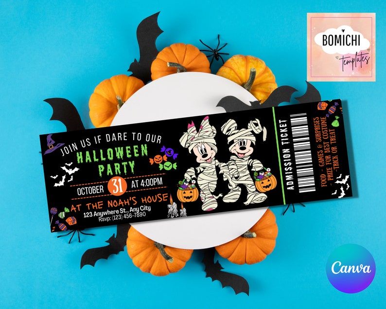 May include: A black and white Halloween party admission ticket featuring Mickey Mouse and Minnie Mouse dressed as mummies. The ticket has a barcode and text that reads "Join us if dare to our Halloween Party" and "Admission Ticket".