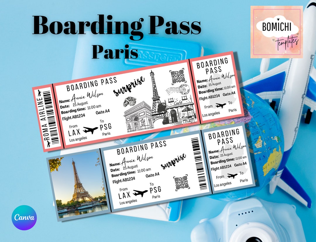 Printable and Editable Paris Surprise Boarding Pass, Trip Ticket to