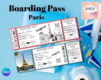 Afdrukbare instapkaart Paris Surprise, vakantieticket (bewerkbare canva-sjabloon)