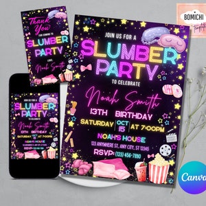 Puede incluir: Un conjunto de invitaciones vibrantes para una fiesta de pijamas, que incluye una invitaci&oacute;n principal, una tarjeta de agradecimiento y una maqueta de pantalla de tel&eacute;fono. El dise&ntilde;o presenta texto de ne&oacute;n, estrellas e ilustraciones de bocadillos y antifaces. El texto dice "Slumber Party" y el nombre "Noah Smith".