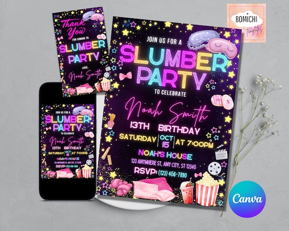 Slumber Party Invitation, Editable Birthday Sleepover Invite (PDF/JPEG)