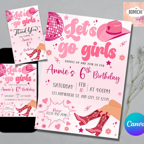 Pink Cowgirl Birthday Party Invitation Template, Pink disco Cowgirl Party, Rodeo Birthday, Girl Birthday Party, Let's Go Girls, Any Age