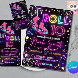 Roller Skate Birthday Invitation, Skate Party Birthday Invitation, Party Invitation Girl Roller Skating, Retro Neon Lights Editable Template