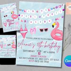 In My Pool Party Era Friendship Bracelet Invitation, Pool Party Birthday Invitation, Swim Bday Digital Download, FREE Thank You Tag