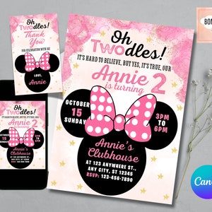 Oh Twodles Invitation, Editable Oh Twodles Invite, Face Minnie Birthday Invitation for Girls,  Minnie Mouse Invitation, FREE Thank You Tag