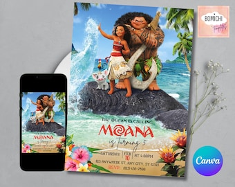 Zaproszenie urodzinowe Moana, impreza luau dla dziewczynek, edytowalny szablon Canva (zaproszenie cyfrowe)