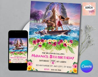 Zaproszenie urodzinowe Moana, impreza luau dla dziewczynek, edytowalny szablon Canva (zaproszenie cyfrowe)