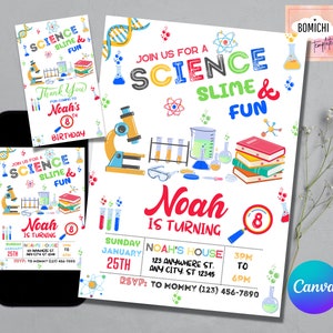 May include: A colorful invitation for a science-themed birthday party. The invitation features a microscope, beakers, test tubes, and books. The text on the invitation reads "Join us for a Science Slime & Fun Noah is turning 8".