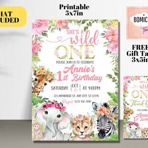 May include: Printable invitation for a first birthday party with a jungle theme. The invitation features a pink and gold color scheme with a giraffe, elephant, lion, and zebra. The text on the invitation reads "She's a wild one" and "Annie's 1st Birthday".