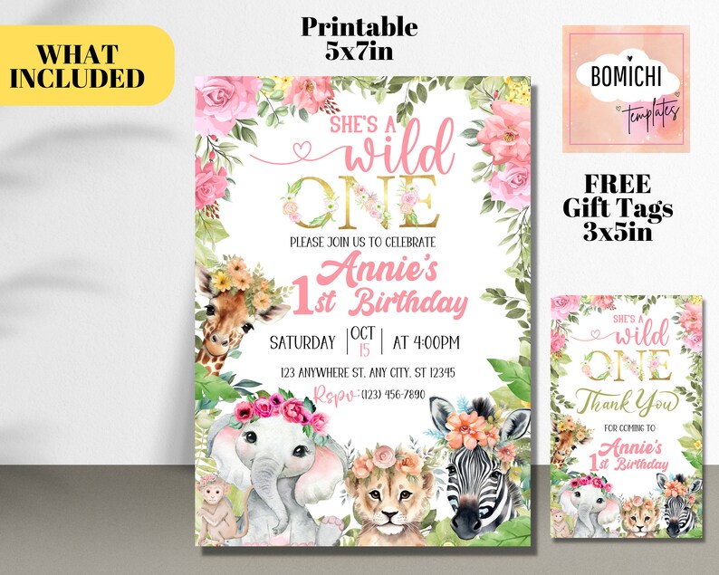 May include: Printable invitation for a first birthday party with a jungle theme. The invitation features a pink and gold color scheme with a giraffe, elephant, lion, and zebra. The text on the invitation reads "She's a wild one" and "Annie's 1st Birthday".