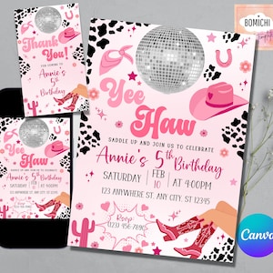 Pink Cowgirl Birthday Invitation Template, Rodeo Party (Digital Download)