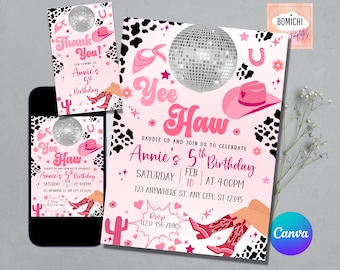 May include: Pink and white birthday party invitation set with a cowgirl theme. The invitation features a disco ball, cowboy boots, a pink cowboy hat, and the text "Yee Haw" and "Annie's 5th Birthday". Includes a thank you card and a phone screen mockup.