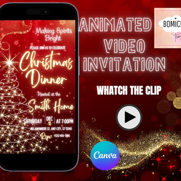 Christmas Dinner Video Invitation, Digital Christmas Dinner Invitation, Christmas Tree and Lights Invite, Christmas Video Invitation