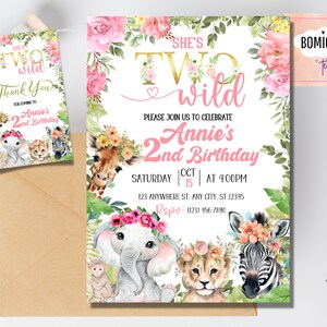May include: A pink and gold birthday invitation with a jungle theme. The invitation says "She's Two Wild" and features a giraffe, elephant, lion, and zebra with floral headbands. The text also includes "Annie's 2nd Birthday" and the date and time of the party.