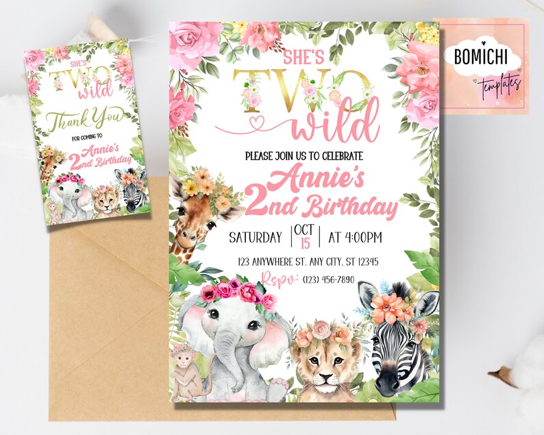 May include: A pink and gold birthday invitation with a jungle theme. The invitation says "She's Two Wild" and features a giraffe, elephant, lion, and zebra with floral headbands. The text also includes "Annie's 2nd Birthday" and the date and time of the party.