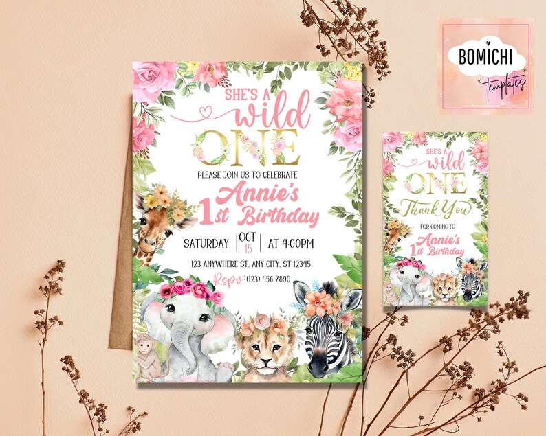 May include: A pink and gold first birthday invitation with a floral design and a giraffe, elephant, lion, and zebra. The text reads "She's a wild one Annie's 1st Birthday".