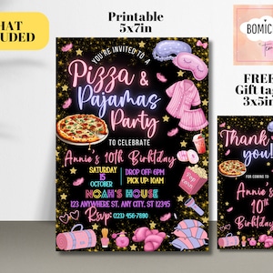 Puede incluir: Conjunto de invitaci&oacute;n y tarjeta de agradecimiento imprimible para una fiesta de pizza y pijamas. La invitaci&oacute;n es negra con purpurina dorada y presenta una pizza, pijamas, una m&aacute;scara para dormir y palomitas de ma&iacute;z. El texto dice "Est&aacute;s invitado a una fiesta de Pizza y Pijamas para celebrar el 10&ordm; cumplea&ntilde;os de Annie". La tarjeta de agradecimiento es negra con purpurina dorada y presenta una pizza, pijamas y una m&aacute;scara para dormir. El texto dice "&iexcl;Gracias! Por venir al 10&ordm; cumplea&ntilde;os de Annie".