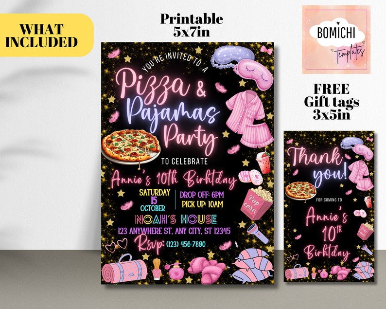 Puede incluir: Conjunto de invitaci&oacute;n y tarjeta de agradecimiento imprimible para una fiesta de pizza y pijamas. La invitaci&oacute;n es negra con purpurina dorada y presenta una pizza, pijamas, una m&aacute;scara para dormir y palomitas de ma&iacute;z. El texto dice "Est&aacute;s invitado a una fiesta de Pizza y Pijamas para celebrar el 10&ordm; cumplea&ntilde;os de Annie". La tarjeta de agradecimiento es negra con purpurina dorada y presenta una pizza, pijamas y una m&aacute;scara para dormir. El texto dice "&iexcl;Gracias! Por venir al 10&ordm; cumplea&ntilde;os de Annie".
