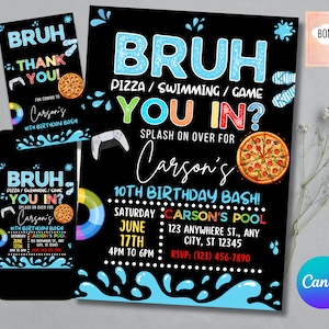 Bruh Pizza and Game Birthday Invitation, Boy Pool Birthday Party Invite, Bruh It&#39;s My Birthday Invite, Teenager Birthday, FREE Thank you Tag