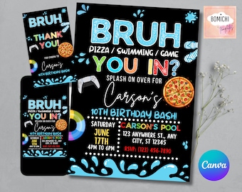 Bruh Pizza Pool Birthday Invitation, Teen Birthday Party (Digital Download)