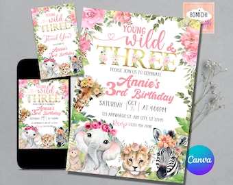 May include: A set of invitations and thank you cards for a third birthday party. The design features the text "Young, Wild & Three" in gold and pink, with floral and animal illustrations, including a giraffe, elephant, lion, and zebra.