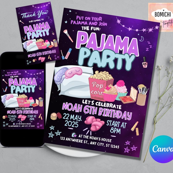 Editable Slumber Party Sleepover Invitation, Pajama Party Invite, Slumber Party Invite, Girls Pajama Party, Girls Pajama Birthday Party