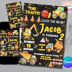 Construction Second Birthday Invitation Template, Construction Birthday Party Invitation, Dump Truck Party Invite, FREE  thank you tag