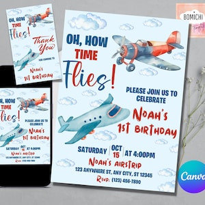 Convite de aniversário de avião, convite de tempo voa, convite de primeiro aniversário de menino, convite de aniversário de avião editável, download instantâneo