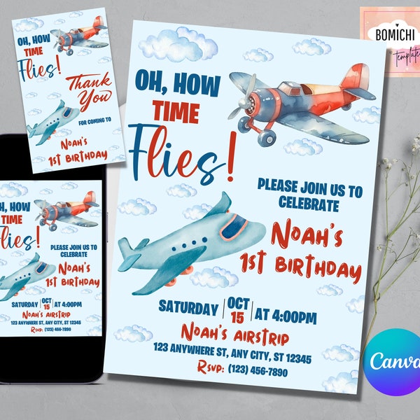 Airplane Birthday Invitation, Time Flies Invitation, Boy 1st Birthday Invite, Editable Airplane Birthday Invitation, Instant Download
