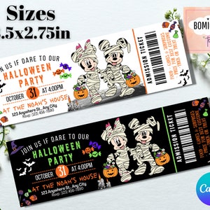 May include: Two printable Halloween party admission tickets featuring Mickey Mouse and Minnie Mouse dressed as mummies. The tickets are 8.5 inches by 2.75 inches and include the text "Join us if dare to our Halloween Party" and "October 31 at 4:00 PM".