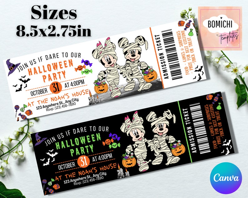 May include: Two printable Halloween party admission tickets featuring Mickey Mouse and Minnie Mouse dressed as mummies. The tickets are 8.5 inches by 2.75 inches and include the text "Join us if dare to our Halloween Party" and "October 31 at 4:00 PM".