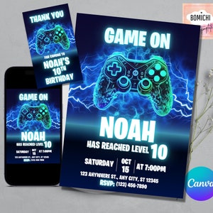 Video Game Birthday Invitation Template, Video Game Invitation, Neon Glow, Green Blue Glow, Kid Invite, Boy Game Party, Boy Gamer Invitation