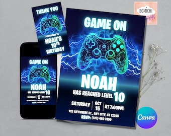 Neon Video Game Birthday Invitation Template (CANVA)
