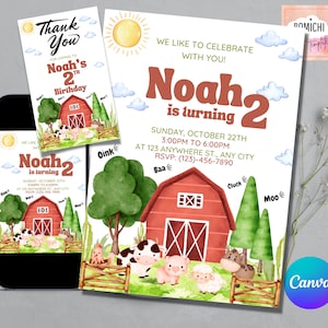 Bewerkbare boerderijverjaardagsuitnodiging, boeruitnodiging, Oink Cluck Baa Moo, tractoruitnodiging, verjaardag jongen boerderij, GRATIS bedanktag