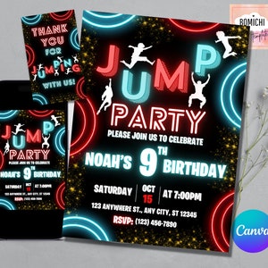 May include: A neon-colored invitation for a 9th birthday party with the words "Jump Party" in red and blue neon lights. The invitation has a black background with gold glitter and a silhouette of a person jumping. The text on the invitation says "Please join us to celebrate Noah's 9th birthday" and includes the date, time, and RSVP information.