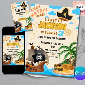 Faire-part pirate, faire-part d'anniversaire pirate, modèle d'invitation modifiable pirate, faire-part carte au Trésor, étiquettes de remerciement pirate